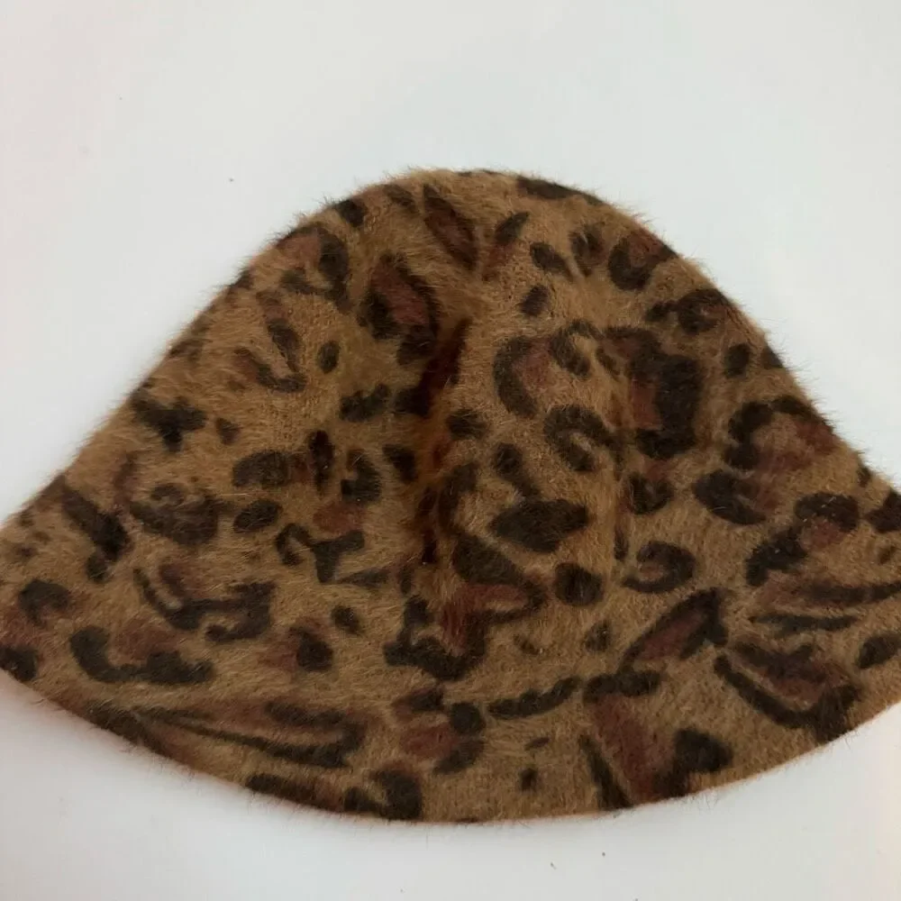Vintage Leopard Animal Print Bucket 70% Angora Hat Brown Black - Picture 3 of 5
